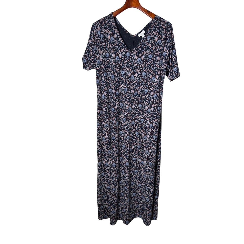 J. Jill Floral Midi Dress Women's Large Tall Navy Blue Cotton Tencel Knit